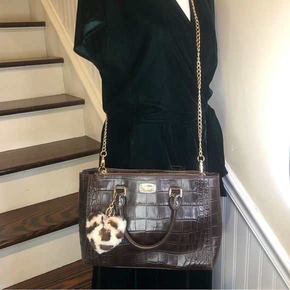 MICHAEL KORS Kellan Croc Embossed Brown Leather Satchel Crossbody Shoulder Bag - Picture 17 of 17